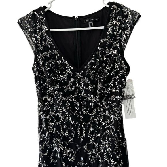 Aidan Mattox Black Sequin Mesh V-Neck Mini Dress Size 4 Sleeveless Cocktail NWT - Picture 3 of 12